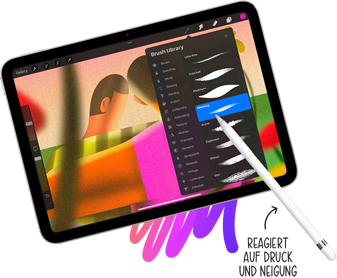 Der Apple Pencil wählt einen Pinselstil auf dem iPad aus. Eine Anmerkung zeigt auf den Apple Pencil und lautet „Reagiert auf Druck und Neigung“